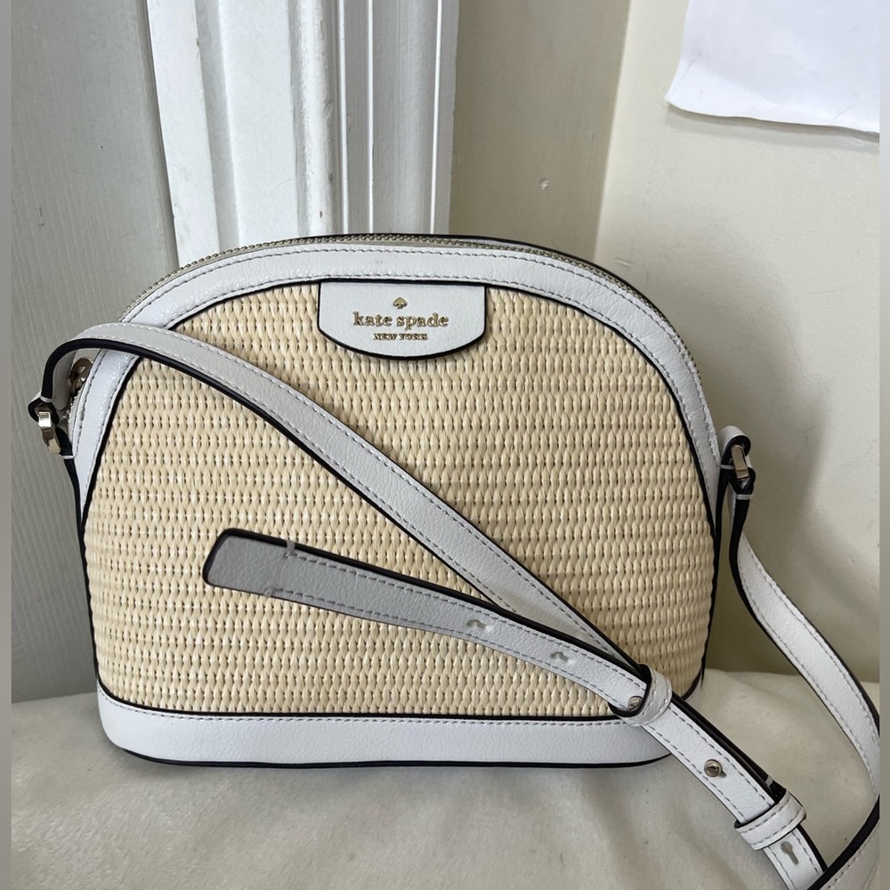kate spade Sylvia Straw Cream Crossbody with White Trim